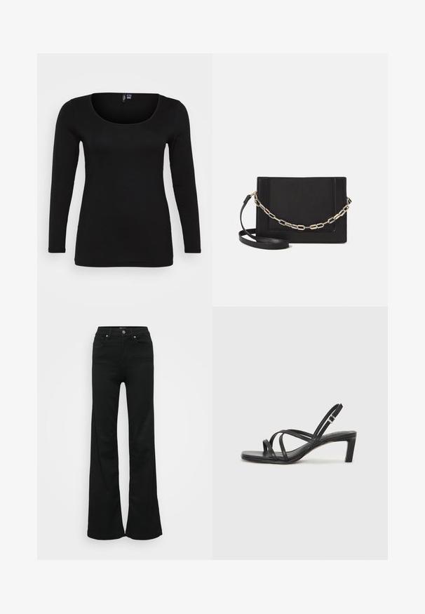 Top nero a maniche lunghe con scollo a barco, realizzato in tessuto morbido con dettagli di cucitura minimi. Forma aderente, senza fantasie né decorazioni.; Jeans neri a zampa d'elefante realizzati in denim, con vita alta, cinque tasche e chiusura con bottone metallico. Texture liscia con dettagli minimi.; Sandalo nero con cinturini, dalla punta squadrata e tacco basso a blocco. Presenta diversi cinturini sottili e una cinturini regolabile alla caviglia. Realizzato in pelle liscia.; Borsa a tracolla nera in pelle con una texture liscia, forma rettangolare e dettaglio in catena metallica sul davanti. Inclusa una tracolla regolabile.; Anello doppio in argento con superficie liscia e lucida. Presenta un design fluido e curvo con sezioni sovrapposte per un aspetto moderno.