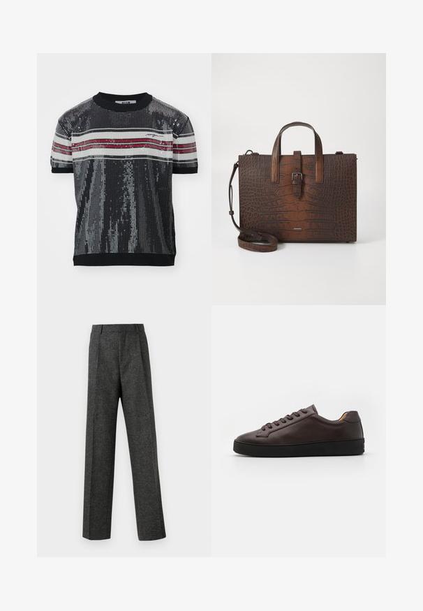 Kratka majica s kratkimi rokavi, črna s svetlečimi sequini, z rebrasto teksturo, z belimi in rdečimi horizontalnimi črtami ter okroglim izrezom. Vključena blagovna znamka.; Sive krojene hlače iz teksturirane tkanine, ki imajo dva sprednja nabora in ravno kroj. Brez vidnih žepov ali okrasnih elementov.; Rjave usnjene tenisice z gladko teksturo, okroglo konico in črnimi gumijastimi podplati. Imajo tonalne vezalke in minimalistične oblikovalske podrobnosti.; Brašna iz rjave krokodilne usnjene embalaže s zgornjimi ročaji in odstranljivim ramenskim trakom. Ima zapiranje z zaponko in pravokotno obliko.