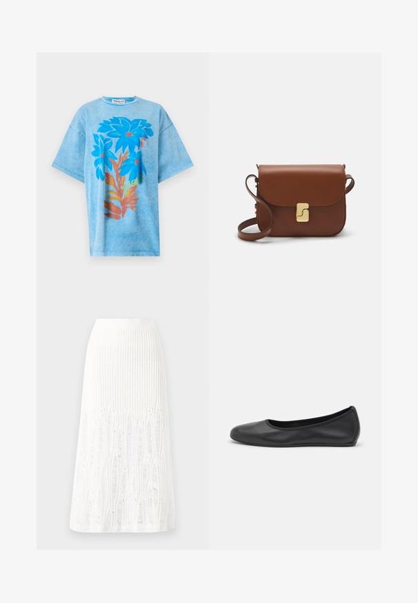 Stieglitz VALERIE OVERSIZED - T-shirt estampada - blue; Saia midi branca de malha com um padrão texturizado com linhas verticais e detalhes recortados perto da bainha. Cintura elástica. Material suave.; Bailarina preta em pele com bico arredondado, textura suave, detalhe de costura minimalista e design de sola flexível.; Bolsa de couro castanho com fecho de aba, decoração em tom dourado, alça de ombro e textura suave. Formato retangular compacto.