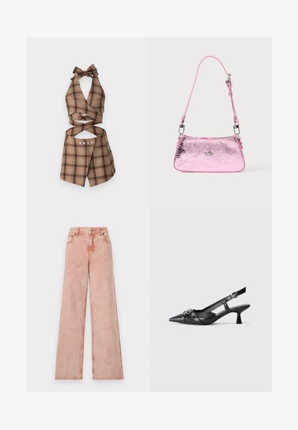 AVAVAV TAILORED WRAP - Top - brown; Jeans a gamba larga rosa chiaro in denim sbiadito. Presentano cinque tasche e cuciture a contrasto. Chiusura classica con bottone e zip.; Scarpa slingback nera in pelle con punta affusolata, cinturini decorativi con occhielli metallici e tacco basso a blocco. Superficie testurizzata.; Borsa a mano metallizzata rosa con una texture arricciata, una tracolla regolabile e accessori color argento. Presenta un piccolo emblema sul davanti.