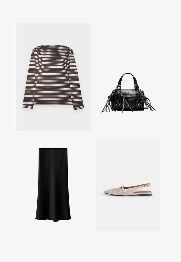 Brun långärmad skjorta med horisontella ljusblå ränder. Rund halsringning, mjukt tyg med slät yta. Enkelt mönster, inga ytterligare funktioner.; Svart midikjol i mjukt och lätt tyg. Har rak skärning, ingen synlig hårdvara och en enkel design utan mönster.; Ljusbeige slingback-sko med spetsad tå, en mjuk mocka-textur, med två dekorativa spännen och en låg, platt klack.; Svart läderhandväska med flätade handtag, texturerad yta, dragkedjeförsedd framficka och dekorativa fransdetaljer. Kompakt och strukturerad form.
