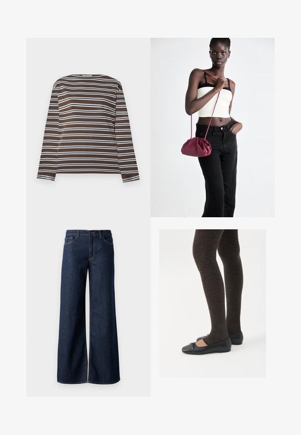 Barna, hosszú ujjú ing vízszintes világoskék csíkokkal. Kerek nyakkivágás, puha anyag, sima textúra. Egyszerű dizájn, további jellemzők nélkül.; Sötét kék farmer széles lábú nadrág. Kontrasztos varrással, öt zsebhálóval és gombos derékzárással rendelkezik. Simás textúra.; Fekete lapos cipők kis masni díszítéssel az orrán, sötétbarna bordázott harisnyával párosítva. A cipők sima textúrával és alacsony profilúak.; Burgundy puha anyagú kézitáska, ráncolt dizájnnal és hosszú pánttal, keresztben hordva. A modellen fehér rövid top és fekete farmer van.