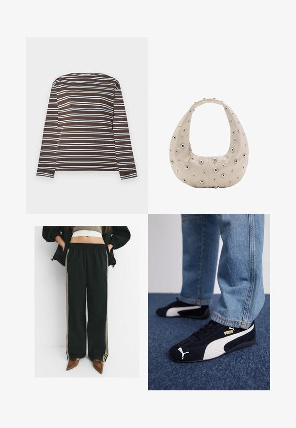 Rjava dolga majica s dolgimi rokavi z vodoravnimi svetlo modrimi črtami. Okrugel izrez, mehak material z gladko teksturo. Enostaven dizajn, brez dodatnih značilnosti.; Črne, ohlapne trenerke z elastiko v pasu in stranskimi žepi, ki imajo kontrastne svetlo bež črte ob nogah.; Črne nobučne superge z belimi detajli, ki imajo zlati logotip. Ujemajo se z svetlo modrimi kavbojkami in so postavljene na teksturirano modro površino.; Bežna usnjena torba v obliki hobo, ki ima na zunanji strani srebrne kovinske žeblje različnih velikosti, kontrastno zadrgo.