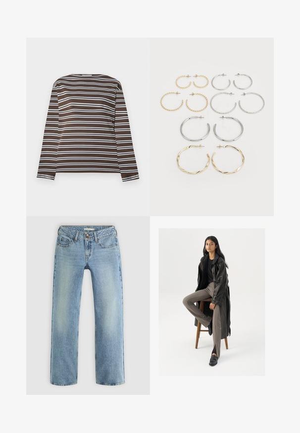 Camisa de mangas compridas castanha com riscas horizontais azul claro. Decote redondo, tecido macio com textura suave. Design simples, sem características adicionais.; Jeans de perna reta em azul claro, feitos de denim, com fecho por botão, cinco bolsos e desvanecimentos subtis ao longo das pernas.; Casaco trench de couro preto com botões e detalhe de cinto, combinado com calças ajustadas castanho claro e mocassins pretos, sentado em um banco de madeira.; Conjunto de doze brincos de argola em tons de prata e ouro. Inclui designs torcidos, lisos e texturizados com vários tamanhos e acabamentos.