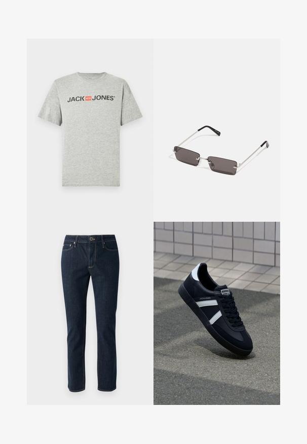 Gray cotton t-shirt featuring short sleeves and a crew neckline. The front displays "JACK & JONES" in black text with a red square accent.; Dark blue denim jeans with a straight leg design, featuring a button closure, five pockets, and contrasting stitching. Smooth texture.; Black leather sneaker with white stripes, textured rubber sole, and lace-up front. Features a branded label on the tongue.; Sunglasses with rectangular, dark grey lenses, silver metal frames, and black plastic tips on the arms. Lightweight design with nose pads.