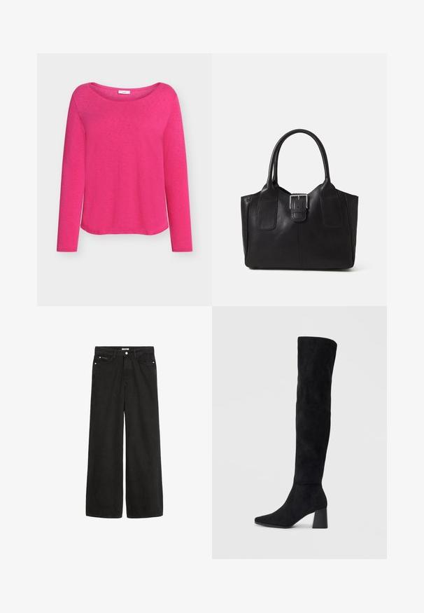 Dolga roza majica z dolgimi rokavi iz mehke tkanine, z širokim čoln izrezom in sproščenim krojem, z gladko, rahlo teksturirano površino.; Široke črne denim hlače z visokim pasom. Imajo pet žepov, kovinske dodatke in čist zaključek. Njihova tekstura je gladka in mehka.; Črne semiš škornje do kolen z blok peto, s koničastim nosom in gladkim, brezšivnim dizajnom na enostavni svetli podlagi.; Črna usnjena torba s gladko teksturo, strukturirano obliko, dvema ročkama in izrazitim srebrnim sponko na sprednji strani.