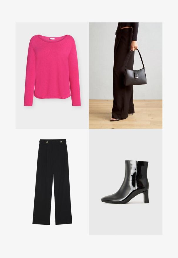 Top rosa de manga comprida feito de tecido suave, com um decote largo em barco e um ajuste descontraído, com uma superfície lisa ligeiramente texturizada.; Calças largas pretas com cintura alta, detalhes em botão na cintura e pregas frontais.; Botim de tornozelo em pele sintética preta com bico apontado e salto bloco de altura média. Textura suave e design minimalista.; Bolsa preta com forma estruturada, textura suave e um fecho metálico. Combinada com calças largas pretas e sandálias de salto aberto sobre um chão de madeira.