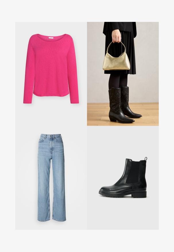Ilgas rankovėmis rožinis viršus iš minkštos medžiagos, turintis platų valtininko kaklo iškirptę ir laisvą siluetą, su lygia, šiek tiek tekstūruota paviršiaus.; Šviesiai mėlynos aukštu juosmeniu džinsinės kelnės su tiesiomis kojomis, pagamintos iš džinsinio audinio, su priekiniais mygtukais ir subtiliais blukimo akcentais.; Tamaris Klasikiniai aulinukai - black glam; Auksinė tekstūruota rankinė su kreiva forma ir trumpu rankenėle, laikoma žmogaus, apsirengusio juoda plisuota sijonu ir juodais odiniais cowboy batais.