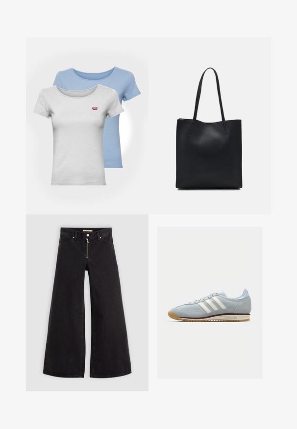 Två kortärmade T-shirts: en ljusgrå och en ljusblå. Båda har rundhals och liten röd Levi's-logga på framsidan. Mjuk textur.; Breda jeans i svart denim med dragkedja fram, femfickorsdesign och subtila sömdetaljer. Slät textur och avslappnad stil.; Ljusblå mockasko med vita tre ränder, gummisula och texturerad mesh. Har en slät tåhuvud och logotyp på hälen.; Svart lädertoffelväska med slät textur, rektangulär form och två långa handtag. Ingen synlig hårdvara eller dekorationer.