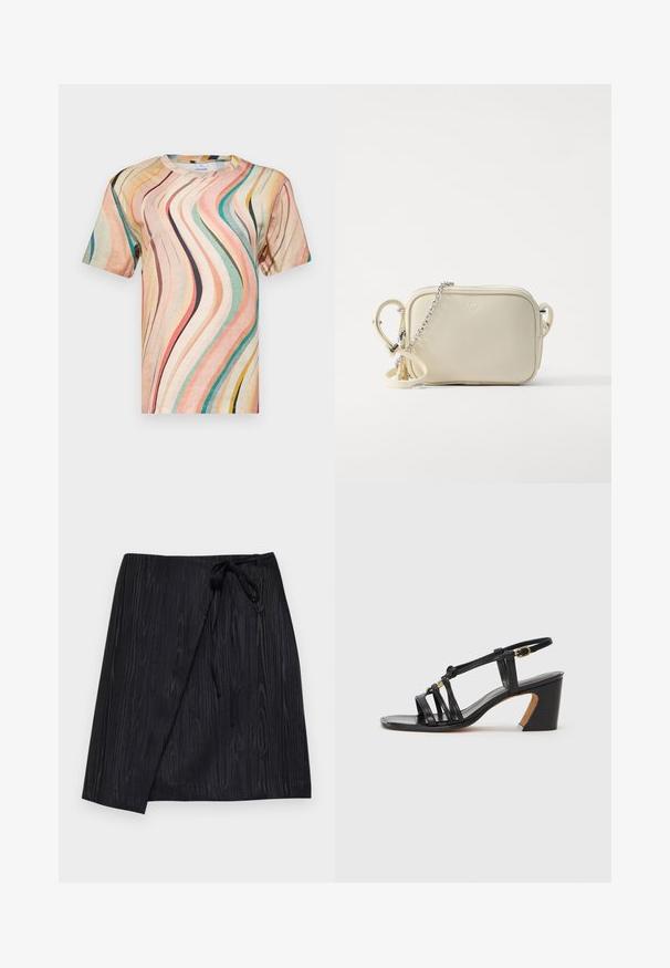 Short-sleeve T-shirt made of soft fabric featuring a multicolored wavy pattern in shades of pink, teal, and yellow with a crew neckline.; Black wrap skirt with a textured wood grain pattern, featuring a tie closure at the waist and a straight silhouette.; Paul Smith AMIRA - Classic heels - black; Cream leather crossbody bag with a rectangular shape, silver chain strap, and zip closure. Features rounded corners and a subtle brand logo.