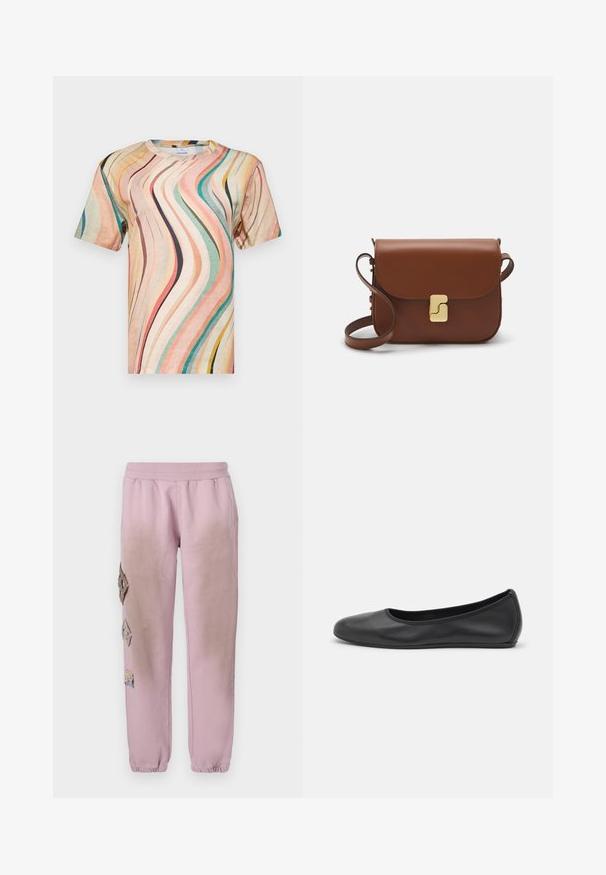 Rövid ujjú póló puha anyagból, amely színes hullámmintával rendelkezik rózsaszín, türkiz és sárga árnyalatokban, kerek nyakkivágással.; Rózsaszín melegítőnadrág elasztikus derékkal, bal oldalon gyémánt alakú dekoratív foltokkal és elasztikus szárakkal az bokákon.; Fekete bőr balettcipő lekerekített orral, sima tekstúrával, minimális varrással és rugalmas talp kialakítással.; Barna bőr kézitáska, hajtókás zárással, arany színű fém kiegészítőkkel, vállpánttal és sima felülettel. Kompakt téglalap alakú.