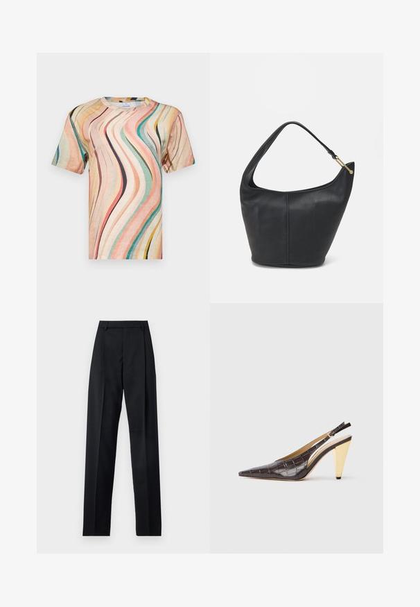 Korte mouwen T-shirt van zacht materiaal met een multikleurig golvend patroon in tinten van roze, teal en geel, voorzien van een ronde hals.; Zwarte broek gemaakt van gladde stof met een hoge taille, wijde benen, voorplooien en klassieke ceintuurlussen. Geen zijzakken zichtbaar.; Puntige slingback hak in donkerbruin glanzend faux krokodillenleer. Kenmerkt zich door een goudkleurige geometrische hak en een verstelbare enkelband.; Zwarte leren handtas met een ronde vorm, een brede schouderriem en een gestructureerde afwerking. Bevat subtiele naaddetails en een gouden hardwareaccent.