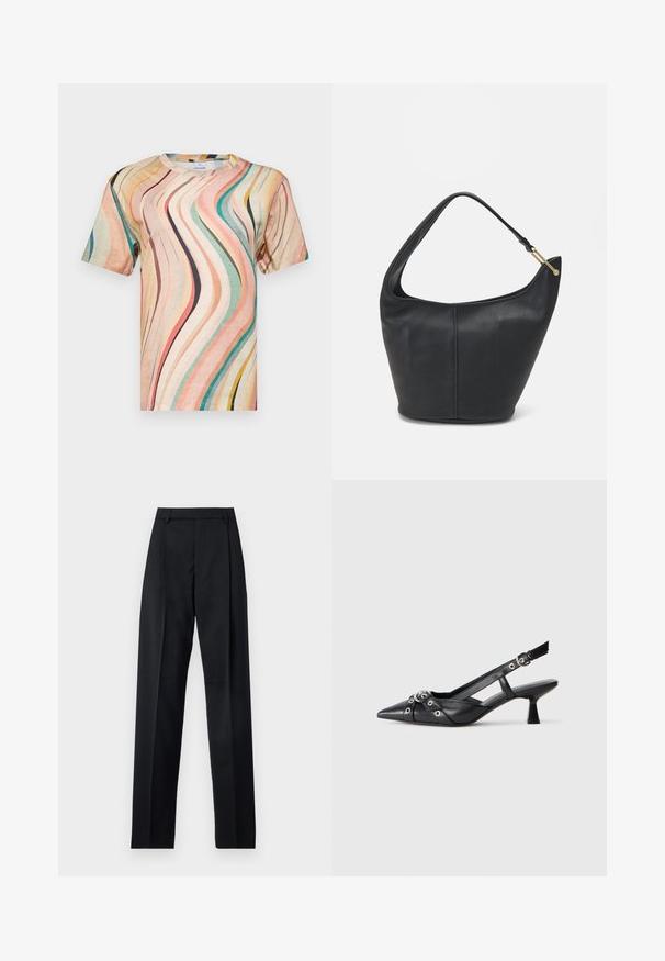 Īsām piedurknēm T-krekls, kas izgatavots no mīkstas auduma, ar daudzkrāsainu viļņainu rakstu rozā, tirkīza un dzeltenās krāsās, ar apaļu izgriezumu.; Melnas bikses, izgatavotas no gludas auduma, ar augstu vidukli, platiem bikšu galdniekiem, priekšējiem krokām un klasiskām jostu cilpām. Sānu kabatas nav redzamas.; Melnas ādas šlipsveida kurpes ar norādītu purngalu, dekoratīvām joslām ar metāla acīm un zemu bloku papēdi. Teksturēta virsma.; Melnas ādas rokassomi ar noapaļotu formu, platu siksnu un strukturētu apdari. Iezīmējas ar nelielām šuvju detaļām un zelta tonī izstrādātu aparatūru.