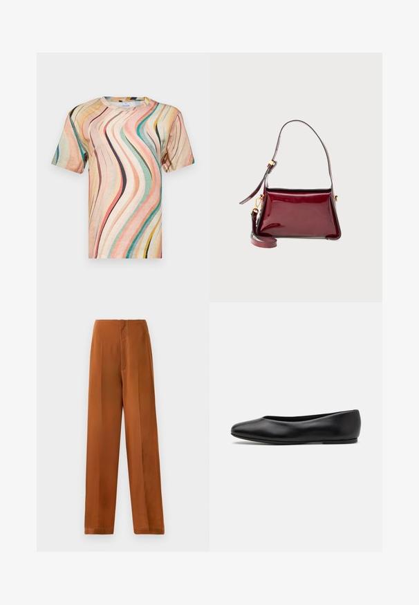 Koszulka z krótkim rękawem wykonana z miękkiej tkaniny, z wielokolorowym falistym wzorem w odcieniach różu, turkusu i żółtego, z okrągłym dekoltem.; Spodnie o szerokich nogawkach w ciepłym odcieniu brązu, z gładką teksturą, wysokim stanem oraz kontrastującym białym przeszyciem wzdłuż szwów.; Paul Smith TOPANGA czarny; Burgundowa torba ze skóry lakierowanej o strukturowanym designie, z zamknięciem na zamek błyskawiczny i odpinanym paskiem na ramię. Złote akcenty metalowe.