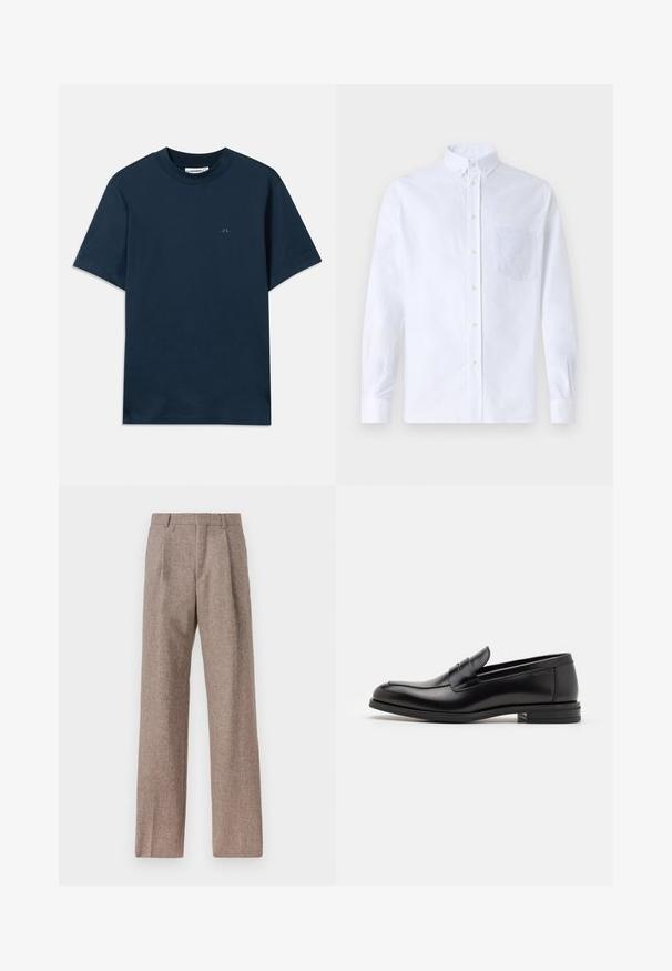 Námornícka modrá bavlnená tričko s okrúhlym výstrihom, krátkymi rukávmi a jemným logom potlačeným na hrudi. Hladká textúra a klasický strih.; Biely dlhý rukáv košeľa s gombíkmi vyrobená z bavlny, s náprsného vrecka s tonálnou výšivkou, golierom a gombíkovými manžetami.; Hnedé, vysoké nohavice vyrobené z texturovanej látky. Majú široké nohavice a dva predné záhyby pre štruktúru. Úhľadné spracovanie bez viditeľného kovania.; Čierne kožené mokasíny s hladkou textúrou, zaoblenou špičkou a dekoračným pásikom cez priehlavok. Nízky vrstvený opätok, minimalistický dizajn.