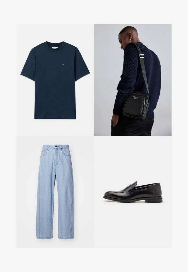 Tumesinine puuvillane T-särk, ümar kaeluses, lühikeste varrukatega ning rinnaesine on vaikselt logoga. Sile tekstuur ja klassikaline lõige.; Heled sinise denimi teksased, laia sääre disainiga, ees taskutega, nööpide kinnitusega ning detailse õmblusega õmbluste ääres.; Mustad mustad nahast loafers sileda tekstuuriga, ümarat ninaosa ja dekoratiivne riba vampi üle. Madal kihiline konts, minimalistlik disain.; Must mustast nahkrist kotti, millel on lukkudega sektsioon, logo detail ja bränditud reguleeritav rihm. Kanda tekstuurse tumesinise sviitri vastu.