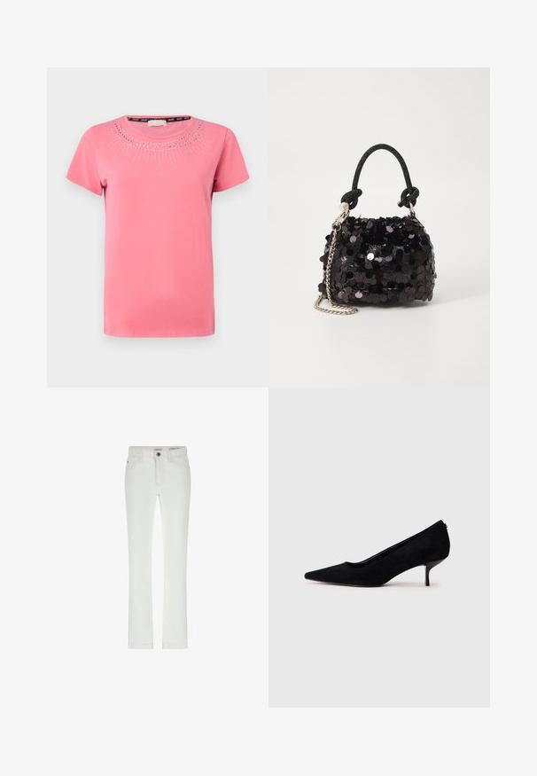 Pink short-sleeve t-shirt in soft cotton with round neckline, featuring decorative crystal embellishments arranged in a sunburst pattern.; White jeans with a slim fit, 5-pocket design, and contrasting stitching. Features a button closure and subtle brand label at the waistband.; Black suede high heel shoe with a pointed toe and a slim, low heel. Smooth texture with a sleek design, featuring no visible hardware.; Black sequin mini handbag with a knotted textured strap and silver chain. Rounded shape with gathered top and reflective detailing.