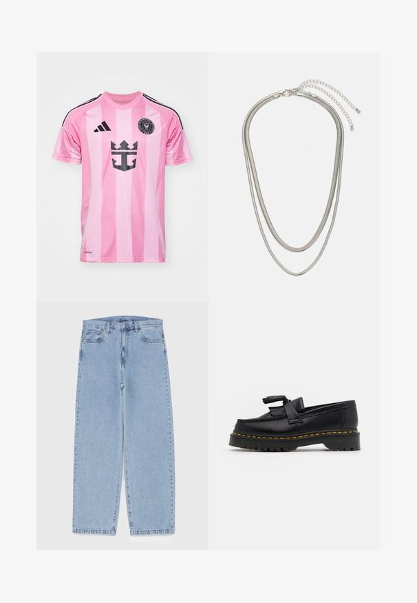 Lyserød fodboldsæt med lodrette striber, sorte accenter og et grafisk logo. Lavet af åndbart stof, med korte ærmer og rund krave.; Lyseblå denimjeans med straight leg-design, der har en mid-rise talje, fem lommer og en lukning med knap og lynlås.; Sort læderloafer med en frynsedetalje, der har en kraftig sort sål og gul syninger langs kanten. Teksturert overflade.; Tre-lags sølvmetal halskæde med slanke, flexible kæder med en let glans, sikret med en hummerlås og justerbar kæde.