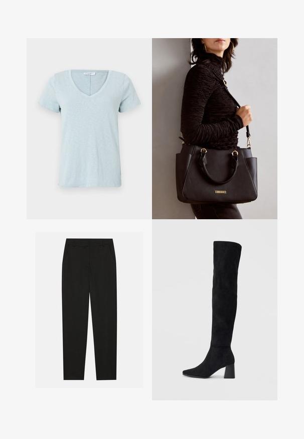 Tricou V cu guler de culoare albastru deschis, realizat dintr-un material moale și texturat, cu mâneci scurte și un hem ușor curbat. Design simplu, minimalist.; Pantaloni negri cu un design croit, dotati cu buzunare laterale si un croi drept. Fabricati dintr-un material neted, usor, cu un finisaj elegant.; Cizme negre din suede, cu toc bloc, vârf ascuțit și un design neted, fără cusături, pe un fundal deschis.; Geantă de umăr neagră cu suprafață texturată, cu două mânere superioare și curea de umăr ajustabilă. Dispune de accesorii metalice de culoare aurie și buzunare laterale.