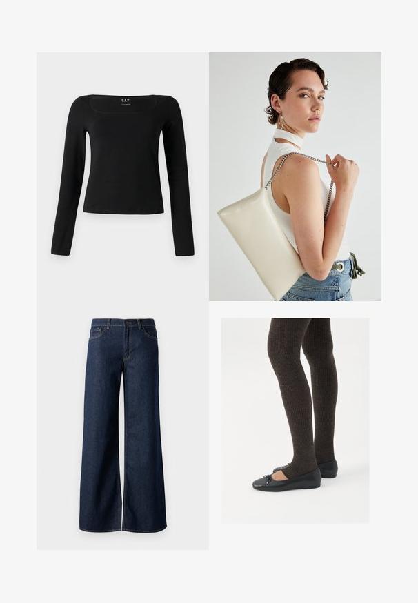 Long-sleeve black top with a square neckline, made of smooth fabric, featuring fitted design and a straight hem. Label displayed inside neckline.; Wide-leg jeans in dark blue denim. Features contrast stitching, five pockets, and a button closure at the waist. Smooth texture.; Black flat shoes with a small bow detail at the toe, paired with dark brown ribbed tights. Shoes have a smooth texture and low profile.; White rectangular clutch bag made of glossy material, featuring a silver chain strap. Model poses, showcasing the bag against a plain background.