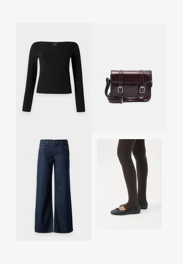Top nero a maniche lunghe con scollatura quadrata, realizzato in tessuto liscio, caratterizzato da un design aderente e un orlo dritto. Etichetta visibile all'interno della scollatura.; Jeans a gamba larga in denim blu scuro. Presentano cuciture a contrasto, cinque tasche e una chiusura con bottone in vita. Texture morbida.; Scarpe nere a flat con un piccolo fiocco sulla punta, abbinate a collant a coste marrone scuro. Le scarpe hanno una texture liscia e un profilo basso.; Borsa a tracolla in pelle verniciata bordeaux con forma rettangolare, due manici, accessori in argento e chiusura a patta.