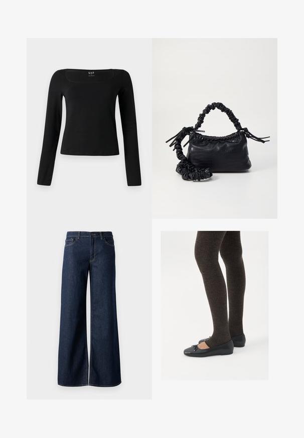 Top negru cu mânecă lungă, cu guler pătrat, realizat dintr-un material neted, având un design ajustat și un tiv drept. Eticheta este afișată în interiorul gulerului.; Jeanși cu picioare largi din denim albastru închis. Prezintă cusături contrastante, cinci buzunare și o închidere cu nasture la talie. Textură netedă.; Pantofi negri cu un detaliu mic de fundiță la vârf, asortați cu colanți maro închis, cu textură ondulată. Pantofii au o textură netedă și un profil joase.; Geantă din faux leather neagră cu textură de crocodil, cu partea superioară strânsă și o curea mototolită. Pare moale și compactă ca design.