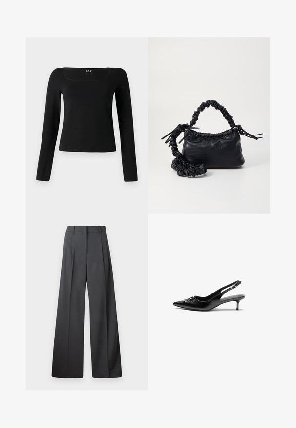 Zwarte top met lange mouwen en een vierkante halslijn, gemaakt van gladde stof, met een aansluitend ontwerp en een rechte zoom. Label zichtbaar aan de binnenkant van de halslijn.; Wijde broek in donkergrijze stof, met een hoge taille, enkele plooien en een gladde textuur met een nette afwerking aan de zoom.; Zwarte leren slingback hakken met een spitse neus, kleine kittenhak en een decoratieve knoopdetail aan de voorkant. Smooth textuur overal.; Zwarte nepleer handtas met een krokodillenstructuur, opgedroogde bovenkant en een gekreukte hengsel. Het lijkt zacht en compact van ontwerp.
