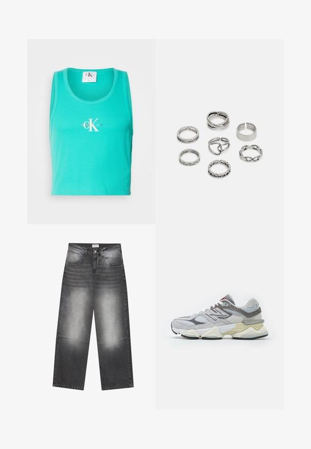 Turkis ribbet tanktop med rund hals, med en hvit "CK" logo. Materialet er mykt og elastisk, kuttet i en cropped stil.; Vide ben svarte denimjeans med en falmet grå finish, med frontlommer, knappelukking og lett slitasje på knærne.; Grå semsket og mesh sneakers med en tykk hvit og beige såle, som har et fremtredende hvitt logo og røde aksentdetaljer.; Sett med sju sølvringer med forskjellige design, inkludert vridde, sammenkoblede og gravyrmønstre. Ulike former og bredder.