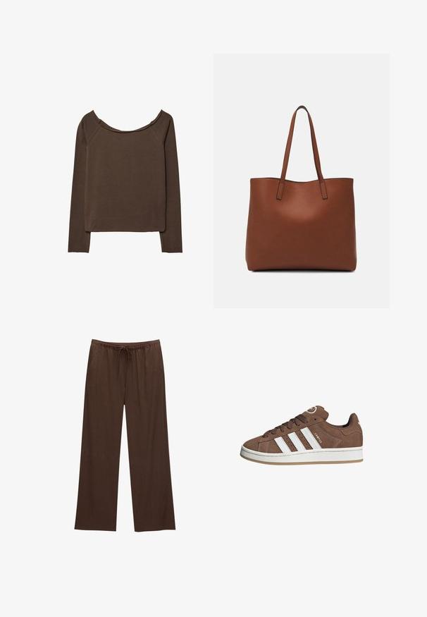 Ruskea pitkähihaisuus, jossa on leveä kaula-aukko, valmistettu pehmeästä materiaalista. Tällä on rento istuvuus ja minimaalisten saumojen ansiosta suora siluetti.; Ruske leve široke hlače izdelane iz mehkega materiala, z elastičnim pasom in vrvico ter dvema stranskima žepoma.; Valkoiset nahkareunat ja ruskeat samettikankaiset tennarit, joissa on kumipohja, pyöreä kärki ja nauhakiinnitys edessä. Kengissä on logo kielekkeessä ja rei'itettyjä yksityiskohtia.; Ruskea nahkainen olkalaukku, jossa on sileä pinta, avoin yläosa ja kaksi olkahihnaa. Omaavat vain minimaalisen ompelun eikä näkyvää metalliosaa.