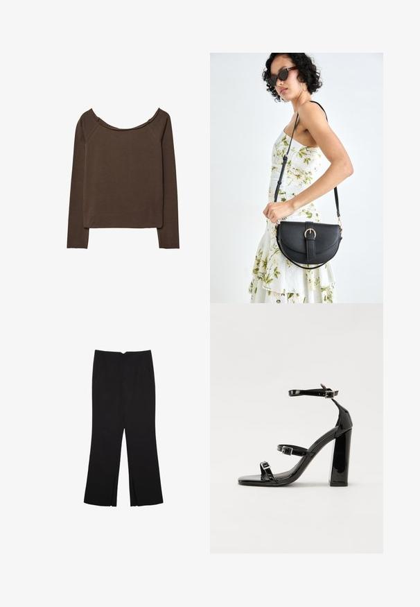 Rjav dolgih rokavov top s širokim izrezom, izdelan iz mehkega materiala, z sproščenim krojem in minimalnimi šivi za gladek silhueto.; Črne hlače ravnega kroja z naglavnimi žepi in stranskimi razporki na robu. Narejene iz mehke, gladke tkanine. Primerne za različne priložnosti.; Črne lakirane sandale s peto, kvadratnim prstom, trakovi okrog gležnja in srebrnimi zaponkami. Opremljene so s stabilno Debelo peto.; Črna usnjena torbica s ukrivljeno obliko, z odstranljivo naramnico in zlatimi dodatki. Torbica ima pokrov s podrobnostmi v obliki zaponke.