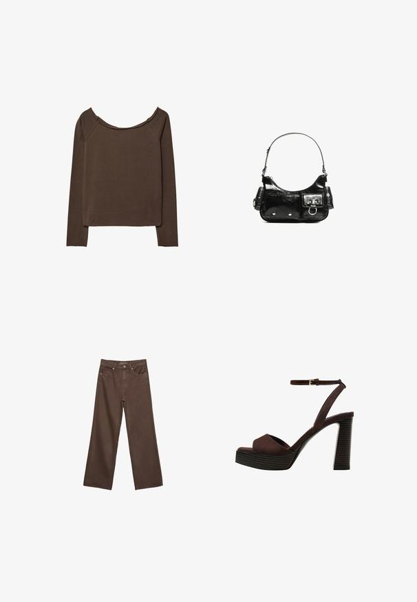 Hnedý dlhý rukáv s širokým výstrihom, vyrobený z mäkkého materiálu, s uvoľneným strihom a minimálnymi švami pre hladký siluetu.; Džínsy s širokými nohavicami v hnedej farbe, vyrobené z denimu, so zvýšeným pásom, prednými vreckami a klasickým zapínaním na gombík. Hladká textúra s jemným prešívaním.; Hnedé semišové sandále na vysokom podpätku s otvorenou špičkou, nastaviteľným členkovým remienkom a pruhovanou platformovou podrážkou.; Čierna laková kožená kabelka s ohnutým tvarom, jedným ramenným popruhom, prednými vreckami a striebornými kovovými doplnkami.