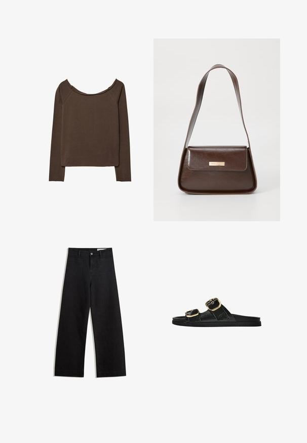 Brown long-sleeve top with a wide neckline, made of soft material, featuring a relaxed fit and minimal seams for a smooth silhouette.; Black wide-leg denim pants with a high waist, featuring front and back pockets, stitched seams, and a button closure. Smooth texture.; Black slide sandal with two gold buckle accents, smooth textured material, flat sole, and a minimalist design.; Brown leather shoulder bag with a structured shape, featuring a magnetic flap closure and a metallic logo accent on the front.