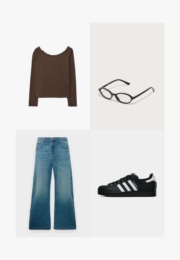 Brun langærmet top med bred halsudskæring, lavet af blødt materiale, med en afslappet pasform og minimale sømme for en glat silhuet.; Højtaljede blå denimjeans med brede ben, frontlommer, knaplukning og en falmet farvegradient fra talje til kant.; Sort Adidas Superstar sneaker med hvide striber, skaletå og "Superstar"-tekst på siden, vist i sideprofil på hvid baggrund.; Sorte ovale briller med gennemskinnelige lilla accenter på linserne. Rammen har en mat finish og slanke, lige stænger.