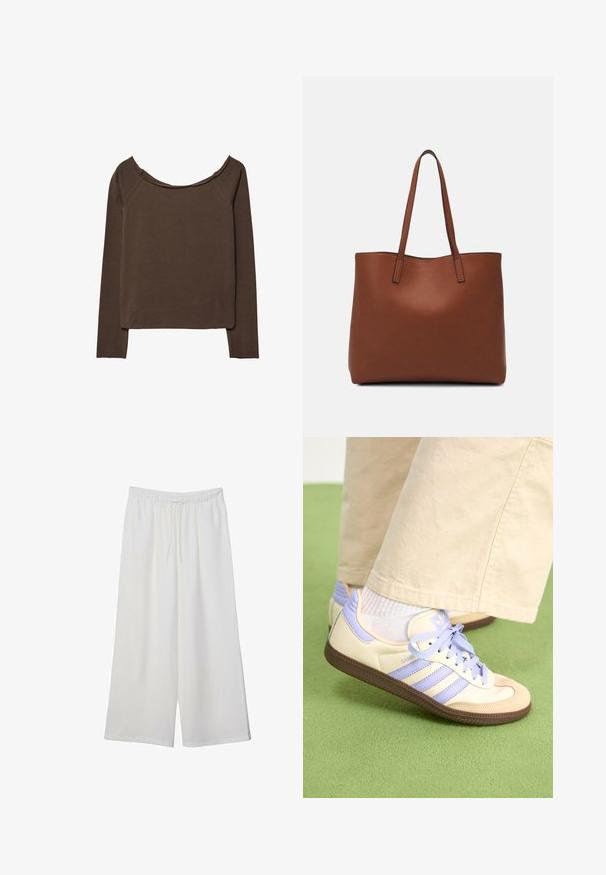 Bruine lange mouwen top met een wijde halslijn, gemaakt van zacht materiaal, met een ontspannen pasvorm en minimale naden voor een soepele silhoeët.; Witte wijde broek van lichtgewicht stof, met een elastische tailleband en een trekkoord voor een verstelbare pasvorm. Glad texture.; Crème- en lavendel-sneakers met drie strepen en een gestructureerde bruine zool, voorzien van veters en een gewatteerde hiel. Zachte stoffen bovenkant.; Bruine leren tote bag met een gladde textuur, een ontwerp met een open bovenkant en twee schouderbanden. Kenmerkt zich door minimale stiksels en geen zichtbare hardware.