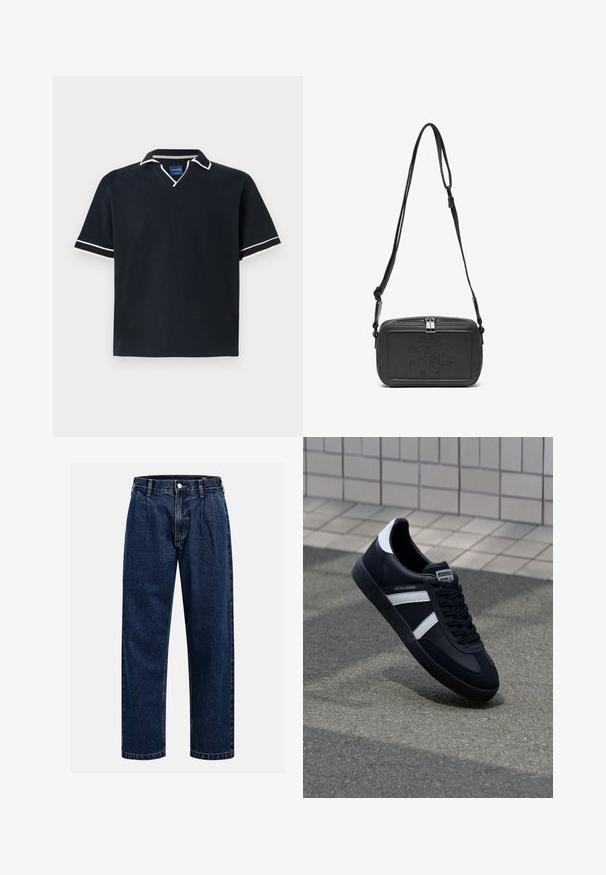 Jūrinio stiliaus trumpa rankovė polo marškinėliai su V formos iškirpte, balta apdaila ant apykaklės ir rankovių, tekstūruota medžiaga ir tiesus apvadas. Mėlynas prekės ženklas viduje.; Tamsiai mėlynos džinsinės kelnės su tiesiu sijonu. Savybė - matoma siūlė, mygtuko uždarymas ir priekinei daliai raukiniai, suteikiantys papildomą detales.; Juodas odinis sportinis batelis su baltais dryžiais, tekstūruota gumine padais ir raišteliais priekyje. Yra prekės ženklą žymintis etiketė ant liežuvio.; Juodas odinis per petį nešiojamas krepšys su užtrauktuku, iškilniu logotipu priekyje ir reguliuojama dirželiu. Lygus paviršius, stačiakampio formos.