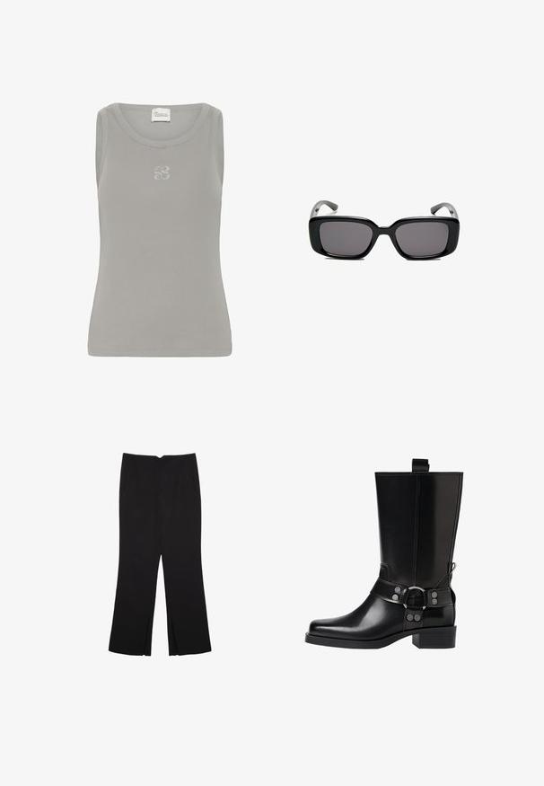 Grå ribbad linne med rund halsringning och ärmlös design. Har en subtil broderad logotyp på bröstet.; Svarta byxor med rak passform, utrustade med framfickor och sidoklyvningar vid fållen. Tillverkade av mjukt, slätt tyg. Lämpliga för olika tillfällen.; Svart läderknähöga stövlar med spetsig tå, silverfärgade spännen och klumpig klack. Har en dragflik för enkel påtagning.; Svarta rektangulära solglasögon med mörka linser, slimmad plastbåge och böjda tempel. Designen är kraftig med en minimalistisk estetik.