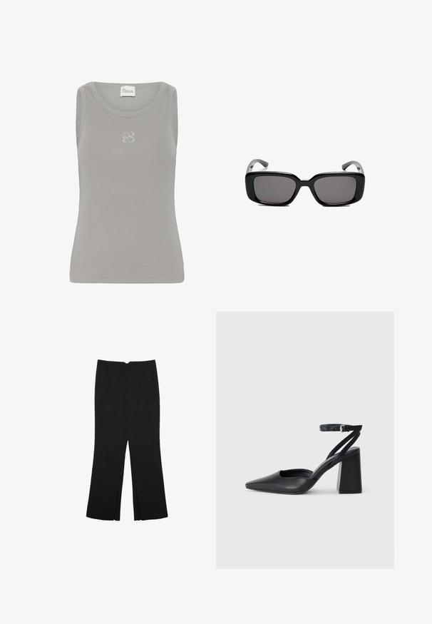 Graues, geripptes Tanktop mit rundem Halsausschnitt und ärmellosem Design. Verfügt über ein dezentes, gesticktes Logo auf der Brust.; Schwarze Hose mit geradem Schnitt, ausgestattet mit Fronttaschen und Seitenschlitzen am Saum. Hergestellt aus weichem, glattem Stoff. Geeignet für verschiedene Anlässe.; Schwarze Leder-Pumps mit spitzer Zehe, einem Knöchelriemen und einem blockigen Absatz. Flache Textur, elegantes Design und minimalistische Ästhetik.; Schwarze rechteckige Sonnenbrille mit dunklen Gläsern, glattem Kunststoffrahmen und gebogenen Bügeln. Das Design ist klobig mit einer minimalistischen Ästhetik.; Schwarze Laptoptasche aus Leder mit glatter Textur, rechteckiger Form und zwei langen Griffen. Keine sichtbaren Beschläge oder Verzierungen.