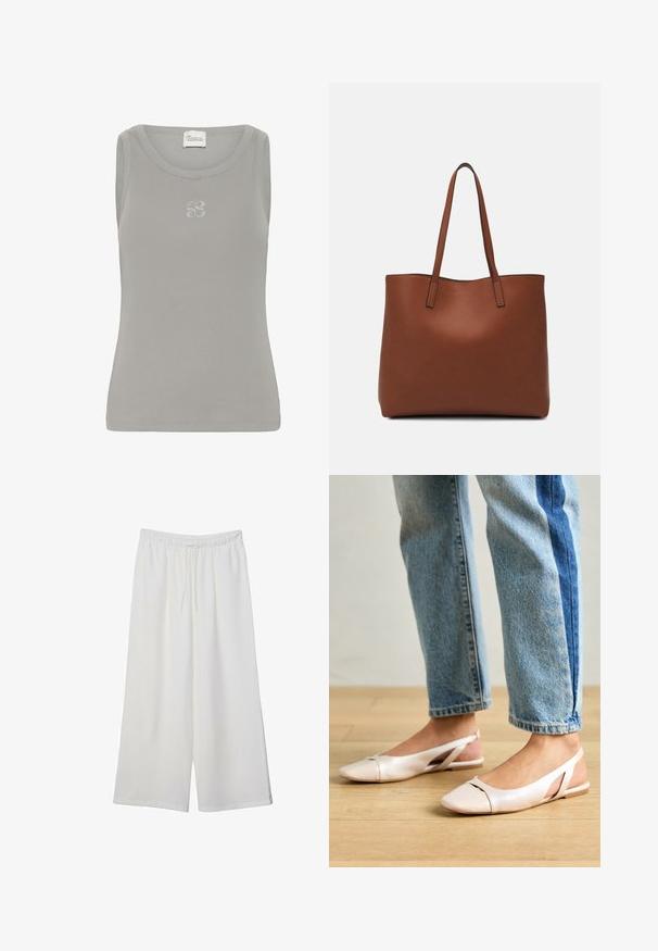 Grå ribbet tanktop med rund halsudskæring og ærmeløst design. Har et subtilt broderet logo på brystet.; Hvide vidde bukser lavet af letvægtsstof, med en elastisk talje og snøre for justerbar pasform. Glat tekstur.; Lyserøde slingback flade sko med spidse tær, lavet af et glat læderlignende materiale. Har udskæringsdetaljer på siderne og en flad hæl.; Brun læder tote taske med en glat overflade, åben topdesign og to skulderremme. Har minimal syning og ingen synlig hardware.