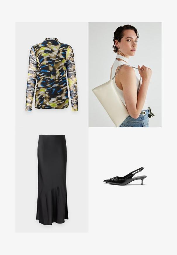 Langärmeliges Oberteil aus einem gemusterten Stoff in Brauntönen, Blau und Limettengrün, mit einem strukturierten, gerafften Design und hohem Kragen.; Schwarzer Satin-Midi-Rock mit einem eleganten Design, der am Saum leicht ausgestellt ist und eine seitliche Schlitze für mehr Bewegungsfreiheit bietet. Glatte Textur.; Schwarze Leder-Slingback-Absätze mit einer spitzen Zehenform, kleinen Kitten-Absätzen und einem dekorativen Knoten-Detail auf der Vorderseite. Glatte Textur über die gesamte Fläche.; Weiße rechteckige Clutch aus glänzendem Material mit einem silbernen Kettenriemen. Das Model posiert und präsentiert die Tasche vor einem schlichten Hintergrund.
