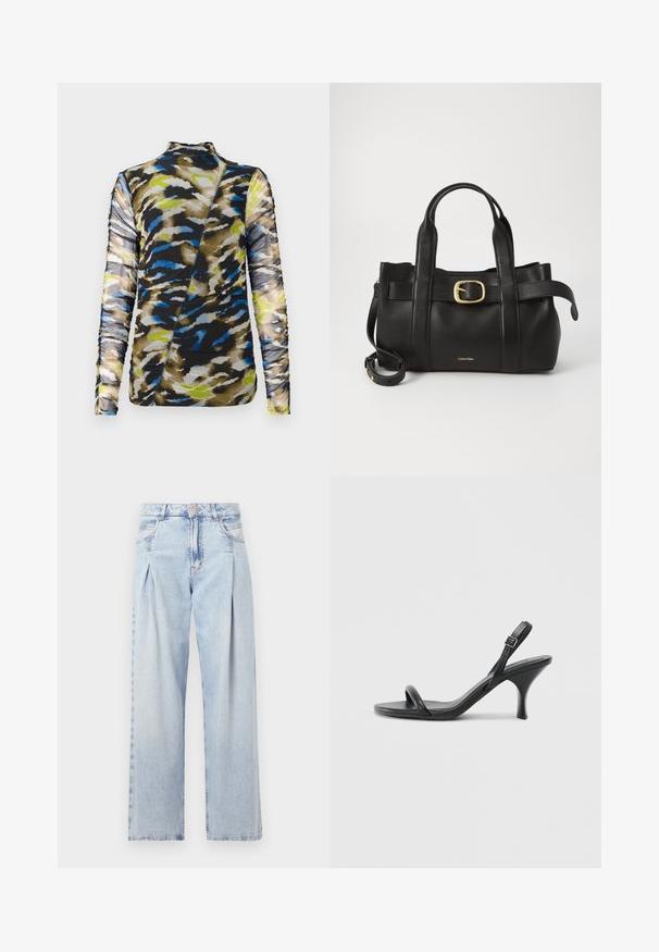 Langermet topp i et mønstret stoff med nyanser av brun, blå og limegrønn, med en teksturert, samlet design og høy hals.; Lyseblå denimjeans med høy livlinje, vide ben, to sidelommer og plisserte detaljer. Myk tekstur med en falmet finish.; Sorte skinnhøye hæler med en slank, buet hæl og et kryssrem-design. Justerbar ankelrem. Glatt tekstur.; Svart lærveske med en strukturert design, doble topphåndtak, gullfarget spenneakent og preget merke-logo foran.