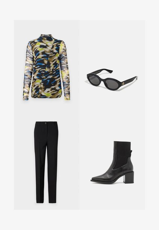 Dug jakna s dugim rukavima u uzorku koji kombinira nijanse smeđe, plave i limete, s teksturiranim, naboranim dizajnom i visokim izrezom.; Crne krojene hlače s ravnim krojem, koje imaju kopčanje na gumb i petlje za remen, izrađene od glatkog materijala.; Crne gležnjače s šiljastim nosom, izrađene od glatke kože i elastične tkanine. Imaju blok petu i minimalistički dizajn.; Crne ovalne sunčane naočale s tamnim staklima i sjajnim plastičnim okvirom. Sadrže zlatni logotip na sljepoočnici, što pruža elegantan i moderni dizajn.; Plava torba s uzorkom izrađena od tkanine, s konveksnim oblikom, crnim kožnim remenom i dizajnom loga u svjetlijoj nijansi.