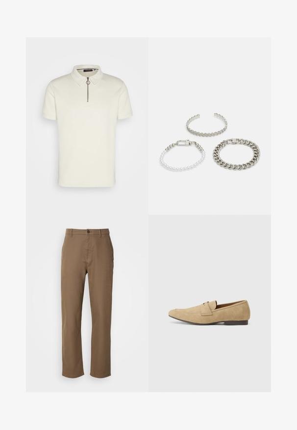 Polo tričko s krátkym rukávom v off-white textúrnej látke, s golierom a polovičným zipsom so zaobleným ťahákom.; Hnedé bavlnené nohavice so strihom rovného strihu, zapínaním na gombík a bočnými vreckami. Majú hladkú textúru a jednoduchý, nevýrazný dizajn.; Bežové semišové mokasíny s jemným leskom, s okrúhlou špičkou, dizajnom na zloženie a nízkym hnedým podpätkom. Jemné detaily v šití.; Trie náramky: strieborný náramok s cik-cak hranami, náramok s bielymi a striebornými korálkami a robustný kovový náramok s uzáverom.