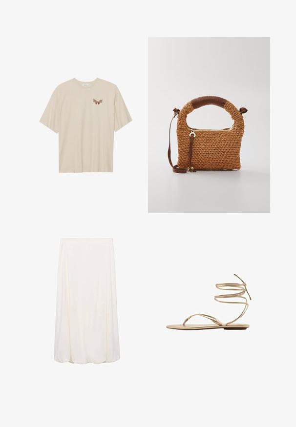 Béžové bavlnené tričko s krátkymi rukávmi, na hrudi s malou hnedou grafikou krídiel a textom "SLEEPY CLUB".; Biela sukňa po kolená so splývavým dizajnom a jemnou textúrou. Jednoduchý štýl bez viditeľných vzorov alebo kovových detailov.; Zlaté ploché sandále s tenkými, špirálovými popruhmi na členku, otvorenou špičkou a minimalistickou podrážkou. Majú hladký, metalický povrch.; Hnedá tkaná kabelka s okrúhlym držadlom. Má zipsové uzatváranie a nastaviteľný popruh, doplnená koženým akcentom na držadle.