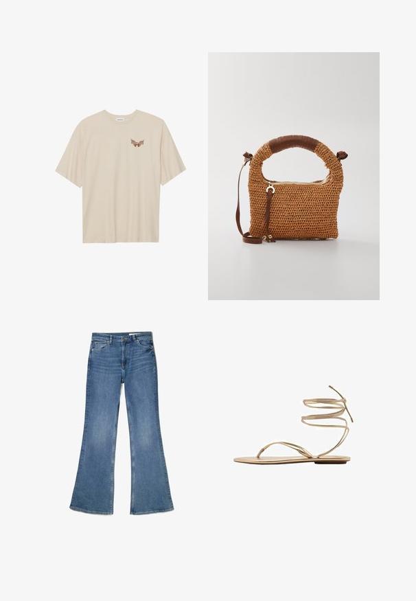 Beżowa bawełniana koszulka z krótkim rękawem, z małym brązowym grafikiem skrzydeł i napisem "SLEEPY CLUB" na klatce piersiowej.; Niebieskie dżinsy typu dzwony wykonane z denimu, z średnim stanem, pięcioma kieszeniami i wyblakłą teksturą oraz detalami przeszyć wzdłuż szwów.; Złote płaskie sandały z cienkimi, spiralnymi paskami na kostkę, otwartym noskiem i minimalistyczną podeszwą. Posiadają gładkie, metaliczne wykończenie.; Brązowa pleciona torebka z okrągłym uchwytem. Wyposażona w zamek błyskawiczny i regulowany pasek, wzbogacona skórzanym akcentem na uchwycie.
