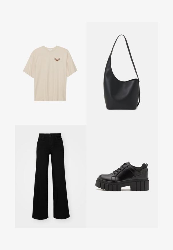 Beige cotton t-shirt with short sleeves, featuring a small brown graphic of wings and the text "SLEEPY CLUB" on the chest.; Black wide-leg pants made of denim, featuring a structured waistband, belt loops, and front pockets. Smooth texture with a classic design.; Black leather platform shoes with a chunky block heel, round toe, and traditional lace-up design. Features smooth texture and minimal detailing.; Black leather hobo bag with a smooth texture, curved shape, and single adjustable strap; features a wide opening at the top.