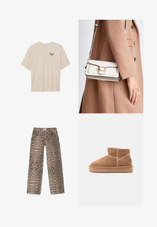Beżowa bawełniana koszulka z krótkim rękawem, z małym brązowym grafikiem skrzydeł i napisem "SLEEPY CLUB" na klatce piersiowej.; Jeans dżinsowe w panterkę z neutralną paletą kolorów beżowego i brązowego, prostą nogawką oraz tradycyjnymi detalami kieszeni.; Brązowe zamszowe botki do kostki z okrągłym noskiem, białym dekoracyjnym haftem i brązową gumową podeszwą z zygzakowatym wzorem bieżnika.; Biała skórzana torebka na ramię z złotym zapięciem, charakteryzująca się usztywnioną konstrukcją, kontrastującymi krawędziami oraz cienkim, regulowanym paskiem.