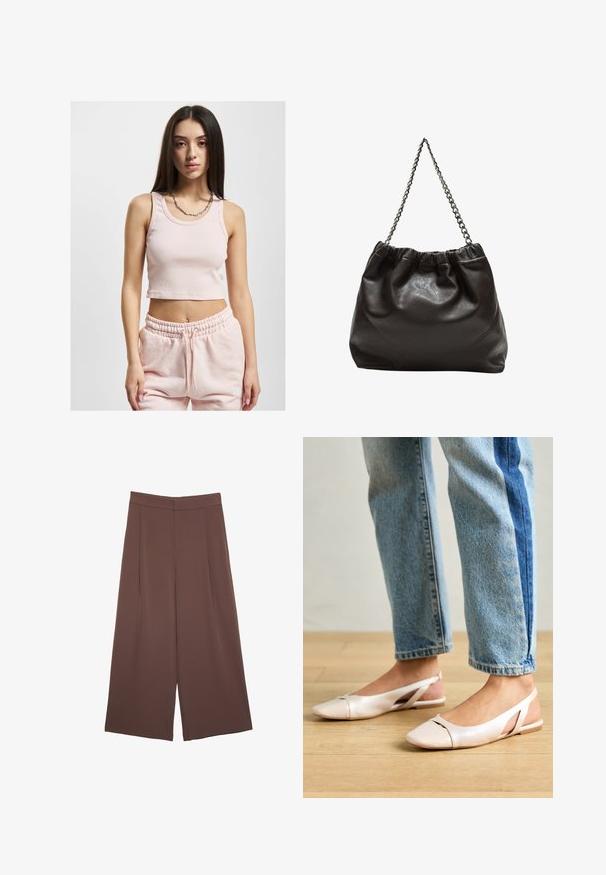 Top corto rosa chiaro con texture a coste, spalline larghe e scollatura rotonda, abbinato a pantaloni da tuta coordinati.; Pantaloni ampi marroni con una texture liscia, caratterizzati da una vita alta e pieghe frontali. Il tessuto è leggero e scorre liberamente.; Ballerine slingback rosa pallido con punta affusolata, realizzate in un materiale simile alla pelle liscio. Presentano dettagli a taglio sui lati e un tacco piatto.; Borsa in pelle marrone con parte superiore arricciata e tracolla a catena. Texture liscia con finitura lucida e dettagli di cucitura sottili sui lati.