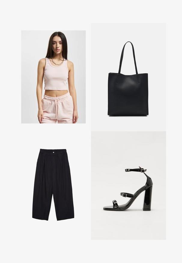 Helles pinkes, kurzes Tanktop mit gerippter Textur, breiten Schulterträgern und rundem Ausschnitt, kombiniert mit passenden Jogginghosen.; Schwarze Polyester-Culotte mit einem elastischen Bund, zwei vorderen Falten und einer lockeren Silhouette. Keine sichtbaren Muster oder Hardware-Details.; Schwarze patentierte Sandalen mit Absatz, quadratischer Spitze, Knöchelriemen und silbernen Schnallen. Mit einem stabilen Blockabsatz für mehr Stabilität.; Schwarze Laptoptasche aus Leder mit glatter Textur, rechteckiger Form und zwei langen Griffen. Keine sichtbaren Beschläge oder Verzierungen.