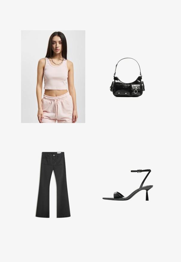 Lichtroze cropped tanktop met geribbelde textuur, brede schouderbanden en een ronde halslijn, gecombineerd met bijpassende sweatpants.; Zwarte flared jeans van denim met een gladde textuur, voorzien van twee achterzakken en een knoopsluiting bij de taille.; Bershka Sandalen met hoge hak - black; Zwarte laarzen in lakleer met een gebogen vorm, één schouderband, voorvakken en accenten in zilverkleurig metaal.