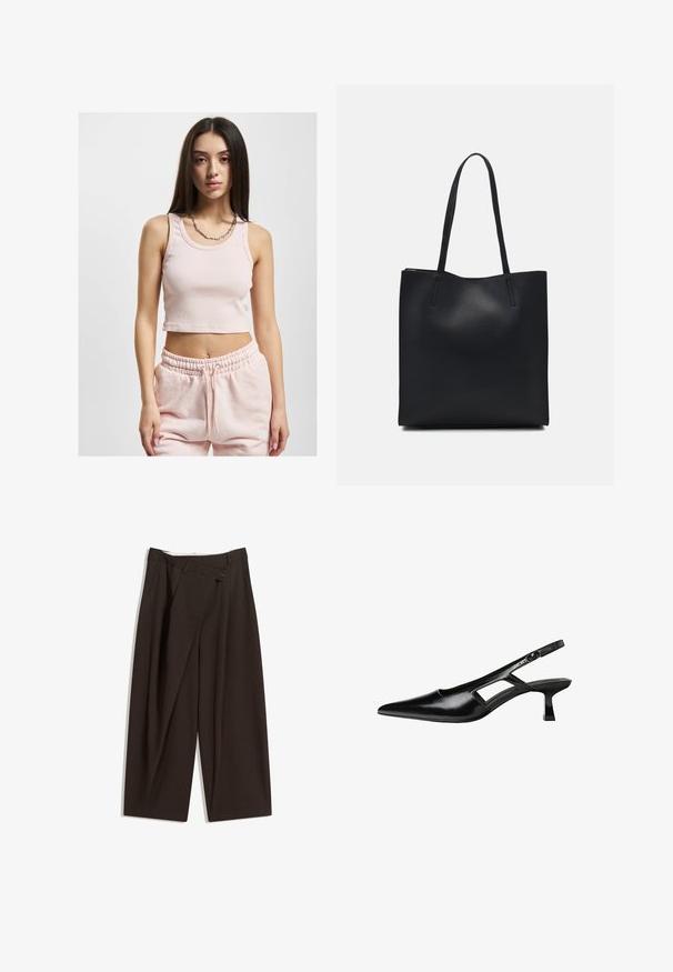 Světle růžový krátký top s ribbenou texturou, širokými ramínky a kulatým výstřihem, spárovaný s odpovídajícími tepláky.; Tmavě hnědé široké kalhoty s vysokým pasem, vybavené jedním tlačítkem na zapínání a plisovaným předním dílem. Vyrobené z lehkého materiálu.; Černé lakované lodičky na podpatku se špičatou špičkou, výřezovým designem na boku a malým čtvercovým podpatkem. Hladká textura s minimálními akcenty.; Černá kožená taška přes rameno s hladkým povrchem, obdélníkovým tvarem a dvěma dlouhými uchy. Žádné viditelné kování ani ozdoby.